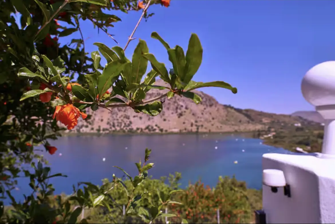Lush green pomegranate tree with red flowers framing the scenic blue waters of Lake Kournas from Suite 2's terrace